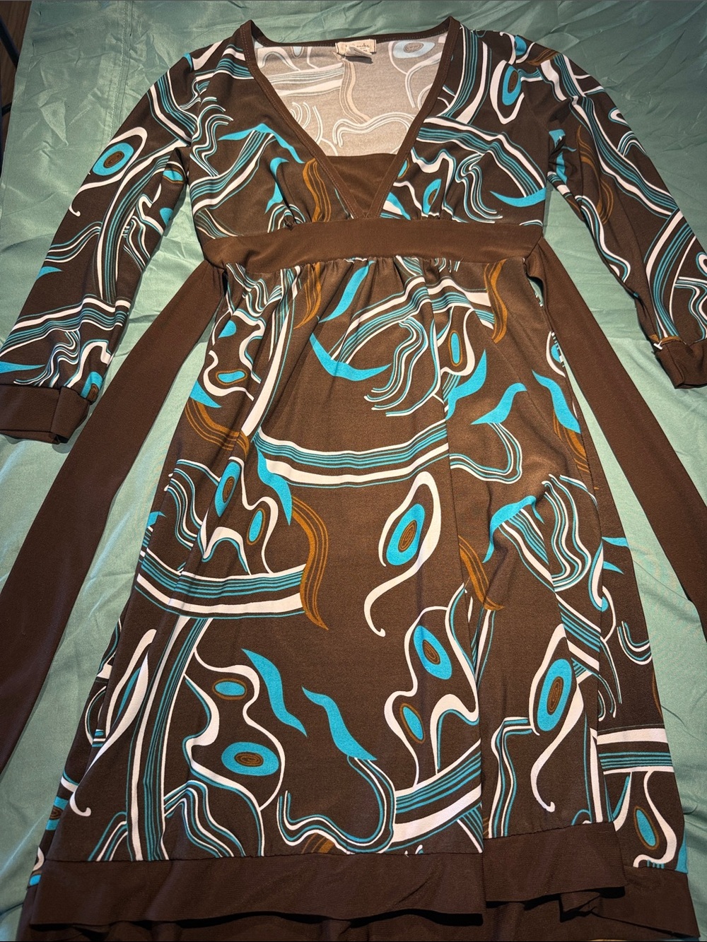 Brown Swirl-Print V-Neck Dress with Teal Accents